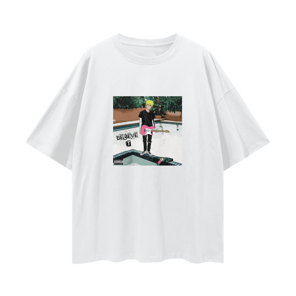 ODMPOD Believe It album cover T-shirt in lucent white, featuring iconic album art design on a casual cotton shirt.