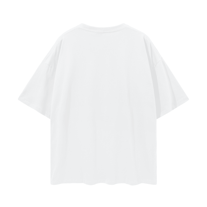 Lucent white oversized Nakano T-shirt by ODMPOD displayed on a hanger, showcasing relaxed fit and minimalist design.