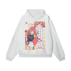 Lucent white ODMPOD Toubun oversize heavyweight hoodie laid flat, showcasing its relaxed fit and soft fabric texture.