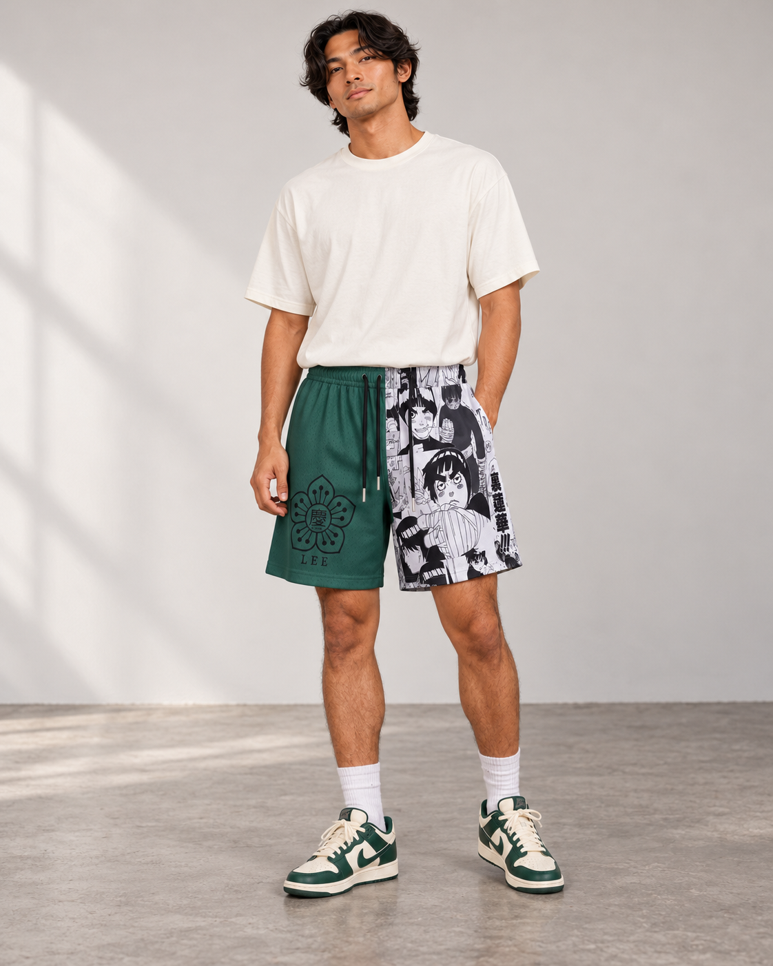 Power of Youth Boardshorts, front view on model with ivory tee and green sneakers.