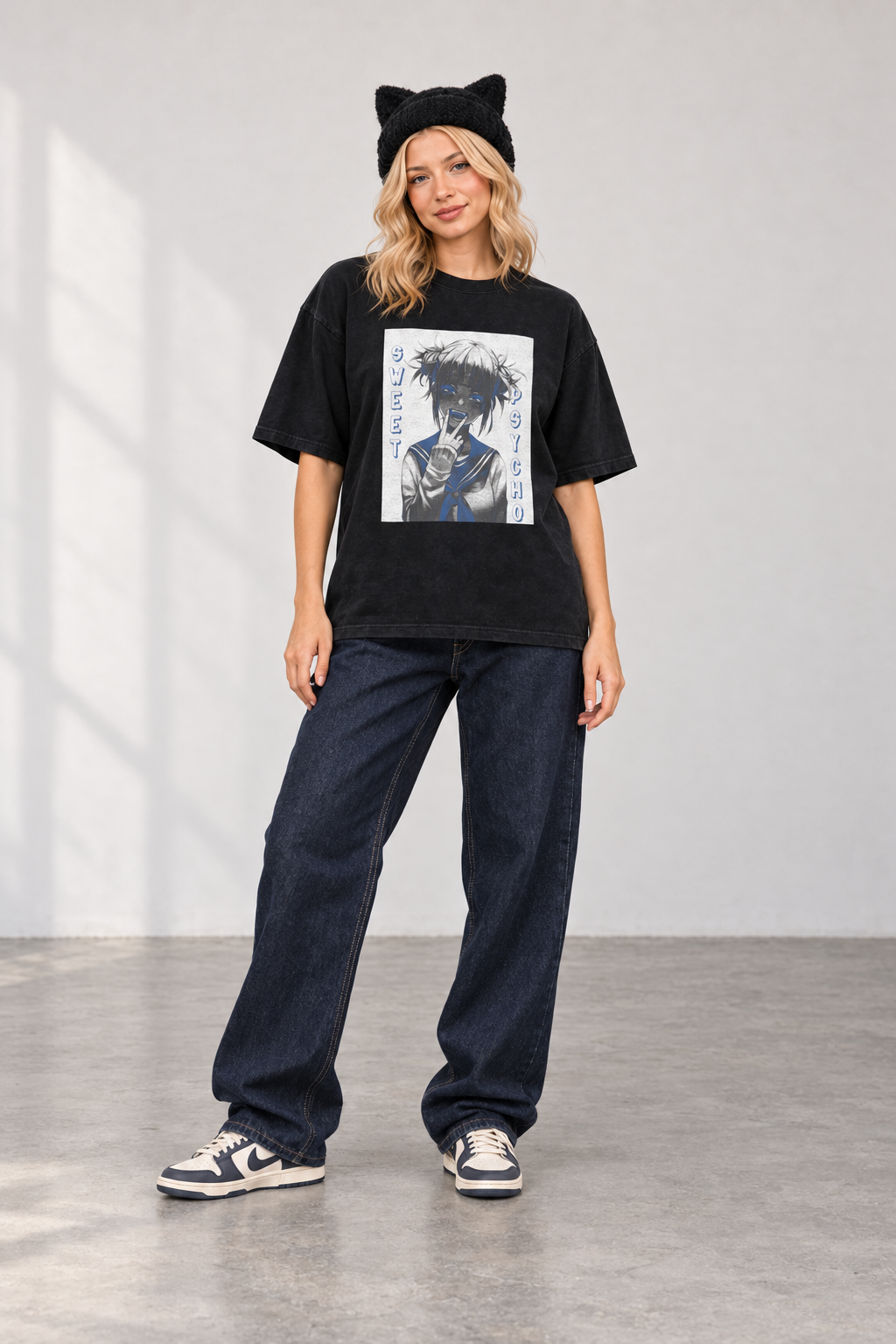 Sweet but Psycho Vintage Washed Hand-Frayed T-Shirt styled on model with dark denim.