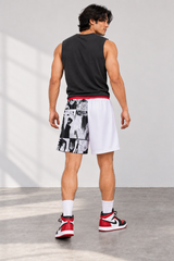 V2 Uchiha Boardshorts styled on model, back view