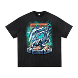Blue Eyes Vintage Washed Hand-Frayed T-Shirt by ODMPOD featuring a black-gray design and distressed, vintage-style look.
