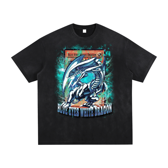 Blue Eyes Vintage Washed Hand-Frayed T-Shirt by ODMPOD featuring a black-gray design and distressed, vintage-style look.