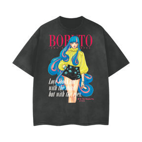 Black and gray Boruto Vogue T-shirt by ODMPOD featuring a vintage-style design with Boruto character graphics.