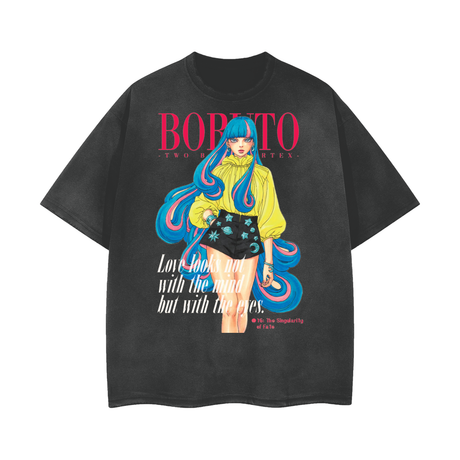 Boruto Vogue T-Shirt by ODMPOD featuring a colorful graphic design on a casual cotton shirt.