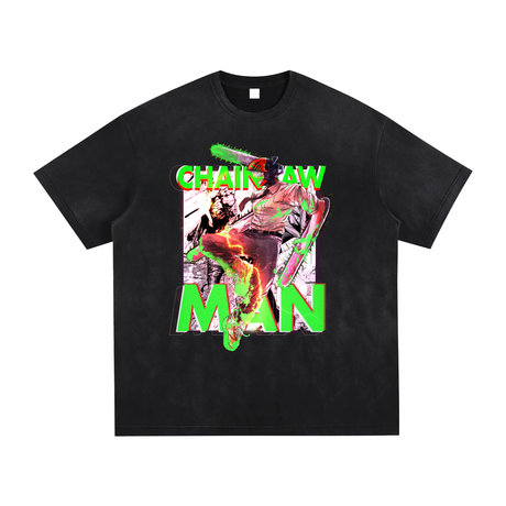 Vintage washed T-shirt with frayed edges featuring Chainsaw Dude graphic, from ODMPOD, casual men's or women's apparel.