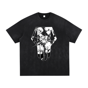 Vintage black and gray Explosion Hero T-shirt by ODMPOD featuring washed, hand-frayed details and bold explosion graphic.