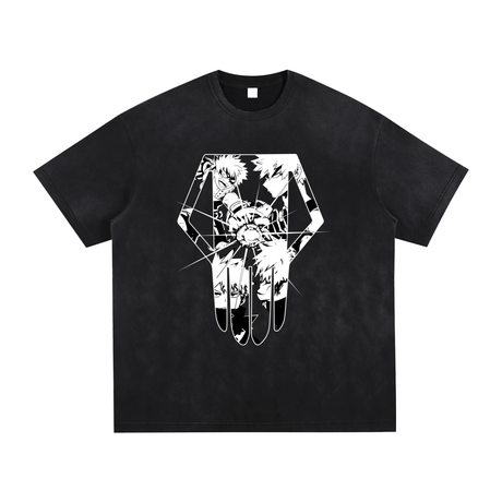 Vintage washed Explosion Hero T-shirt by ODMPOD featuring hand-frayed edges and bold graphic design.