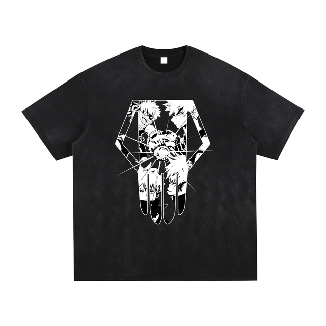 Vintage black and gray Explosion Hero T-shirt by ODMPOD featuring washed, hand-frayed details and bold explosion graphic.