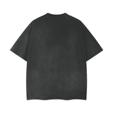 Black and gray Misa vintage wash frayed T-shirt by ODMPOD, featuring distressed edges and a casual, worn-in look.