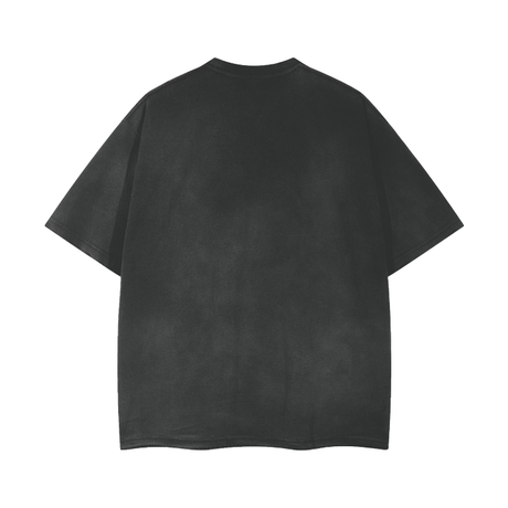 Black and gray Misa vintage wash frayed T-shirt by ODMPOD, featuring distressed edges and a casual, worn-in look.