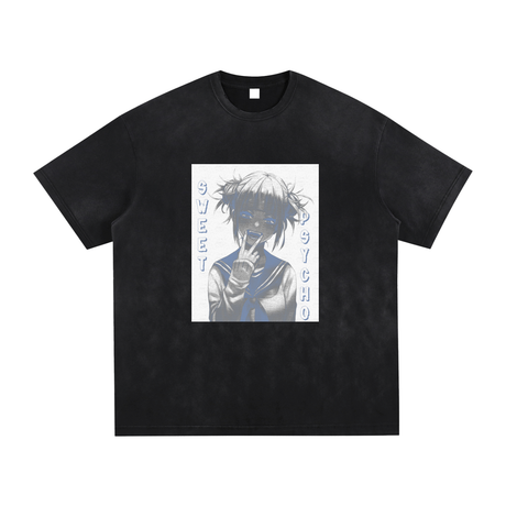 Vintage washed ODMPOD "Sweet but Psycho" hand-frayed T-shirt with graphic print, casual streetwear style.