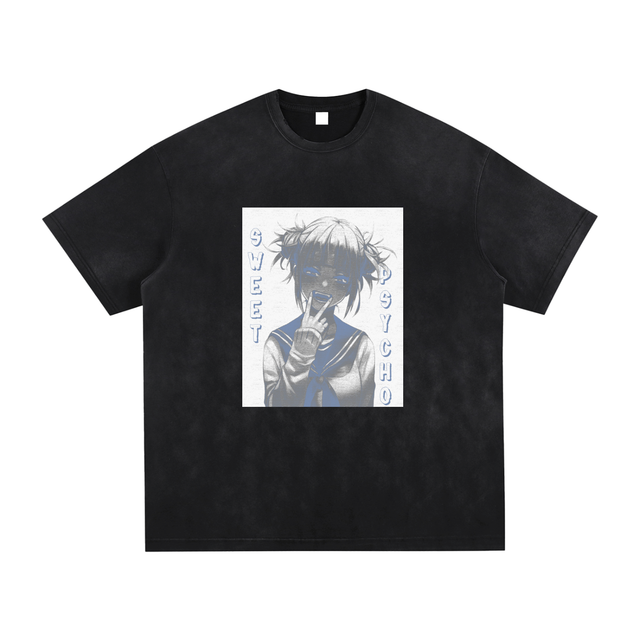 ODMPOD vintage black and gray Sweet but Psycho washed hand-frayed T-shirt, casual graphic tee with distressed style.