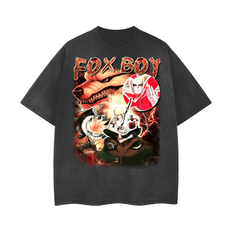 Vintage black and gray FoxBoy Tee V2 T-shirt by ODMPOD featuring a classic fox graphic on the front.