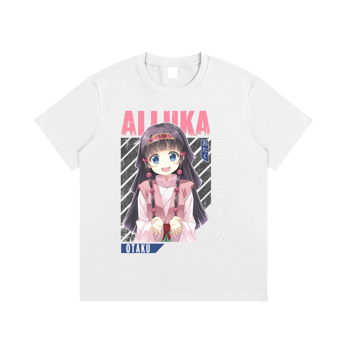 White XS Otaku Alluka T-shirt by ODMPOD featuring a graphic print of Alluka from the anime series.