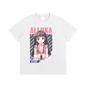 White XS Otaku Alluka T-shirt by ODMPOD featuring a graphic print of Alluka from the anime series.