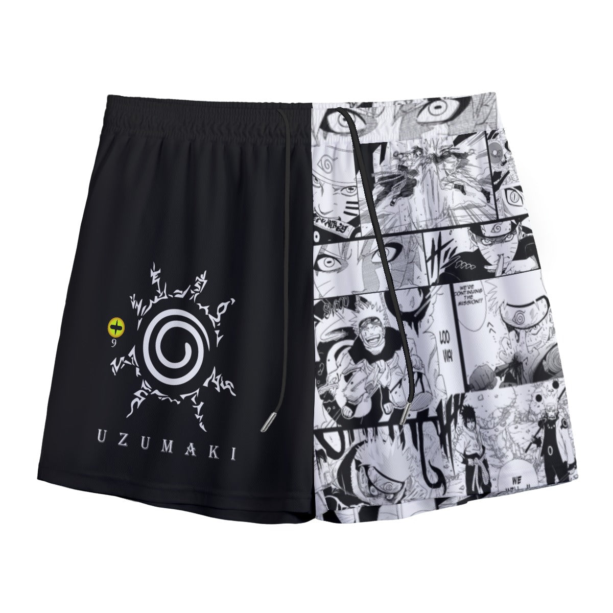 Yoycol V2 Uzumaki boardshorts with vibrant Naruto-inspired spiral design, lightweight fabric, and elastic waistband for comfortable beachwear.
