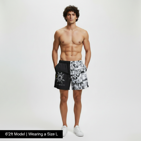 White V2 Uzumaki boardshorts by Yoycol featuring a sleek design and comfortable fit, perfect for beach or poolside wear.