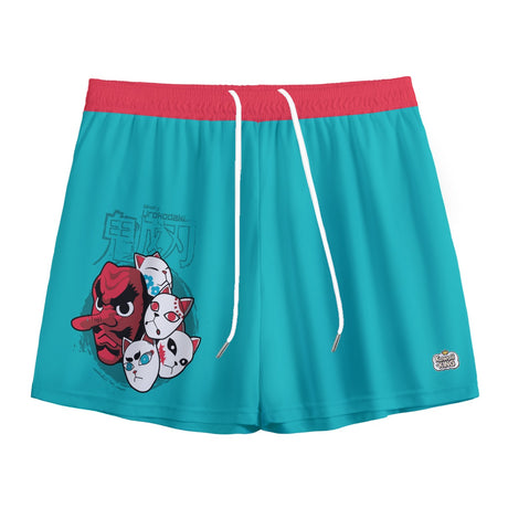 Teal Slayer Masks Yoycol boardshort featuring a drip design, displayed on a mannequin with elastic waistband and knee-length cut.
