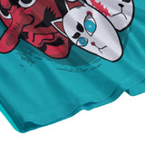Teal Slayer Masks boardshort by Yoycol featuring drip pattern design, lightweight fabric, and adjustable waistband.