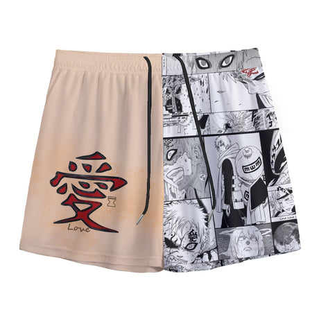 Love Manga Boardshorts by Yoycol featuring a vibrant, colorful manga-inspired print on lightweight swimwear fabric.