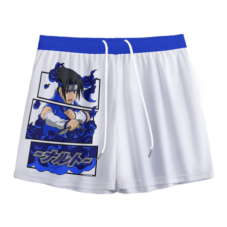 Kawaii Sasuke mesh shorts by Yoycol featuring a colorful Sasuke Uchiha design on lightweight fabric.