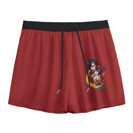 White Chibi Tifa mesh shorts by Yoycol, featuring a cute Tifa graphic and lightweight mesh fabric, perfect for casual wear.
