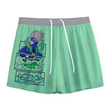 White Kawaii Kakashi mesh shorts by Yoycol, featuring a lightweight design and playful character print, perfect for casual wear.