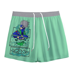 White Kawaii Kakashi mesh shorts by Yoycol, featuring a lightweight design and playful character print, perfect for casual wear.