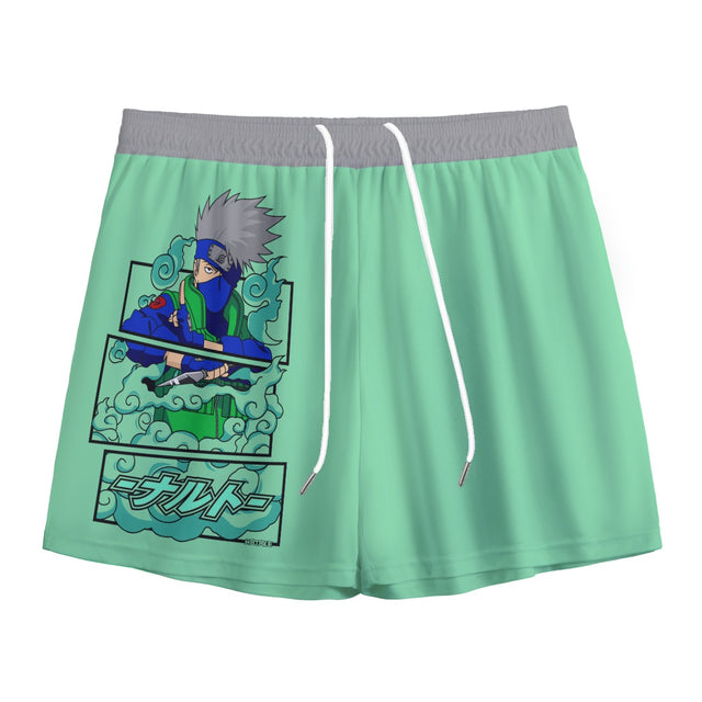 White Kawaii Kakashi mesh shorts by Yoycol, featuring a lightweight design and playful character print, perfect for casual wear.