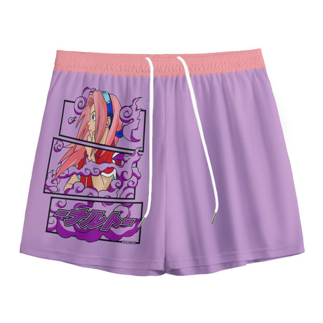 Kawaii Sakura Mesh Shorts by Yoycol featuring pink floral pattern, lightweight mesh fabric, and comfortable fit.