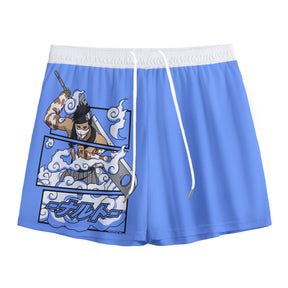 White Kawaii Zabuza mesh shorts by Yoycol, featuring lightweight fabric and a comfortable fit, ideal for casual wear