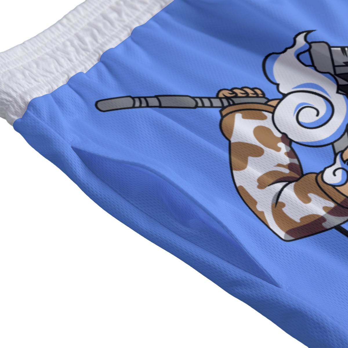 White Kawaii Zabuza mesh shorts by Yoycol featuring a lightweight breathable design and unique kawaii Zabuza character print.
