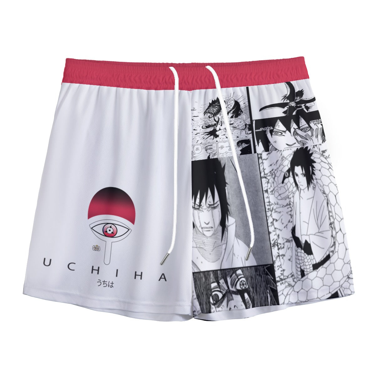 White V2 Uchiha Boardshorts by Yoycol featuring Uchiha clan symbols, lightweight fabric, and a comfortable fit for casual wear.