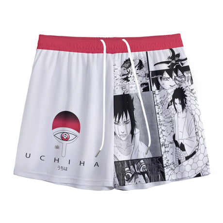 Yoycol V2 Uchiha Boardshorts featuring Naruto Uchiha clan design, black and red color, with a comfortable fit and stylish pattern.