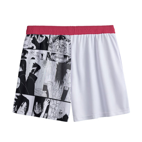 Yoycol V2 Uchiha Boardshorts with Naruto Uchiha design, black and red color, made of lightweight quick-drying fabric.