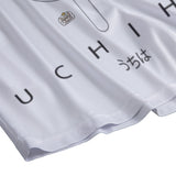 White V2 Uchiha Boardshorts by Yoycol, featuring black Uchiha clan symbols and a comfortable fit for casual wear.